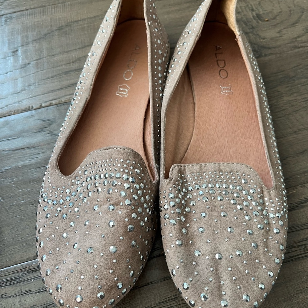 Aldo Taupe Suede Studded Slip-On Loafers - Picture 2 of 9